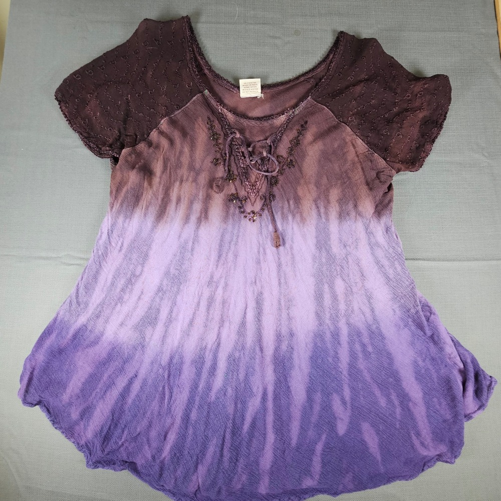 Advance Apparels Purple Tie Dye‎ Beaded Lace Up Tunic Top Plus Size 100% Cotton